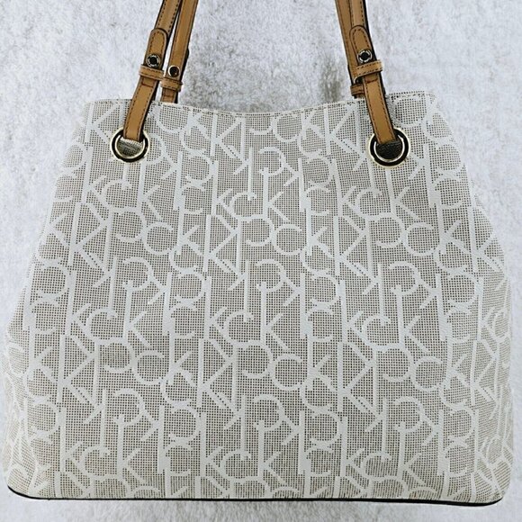 Calvin Klein Large Tan Monogram Shoulder Bag Shopper Tote with Tan Trim - Picture 6 of 16